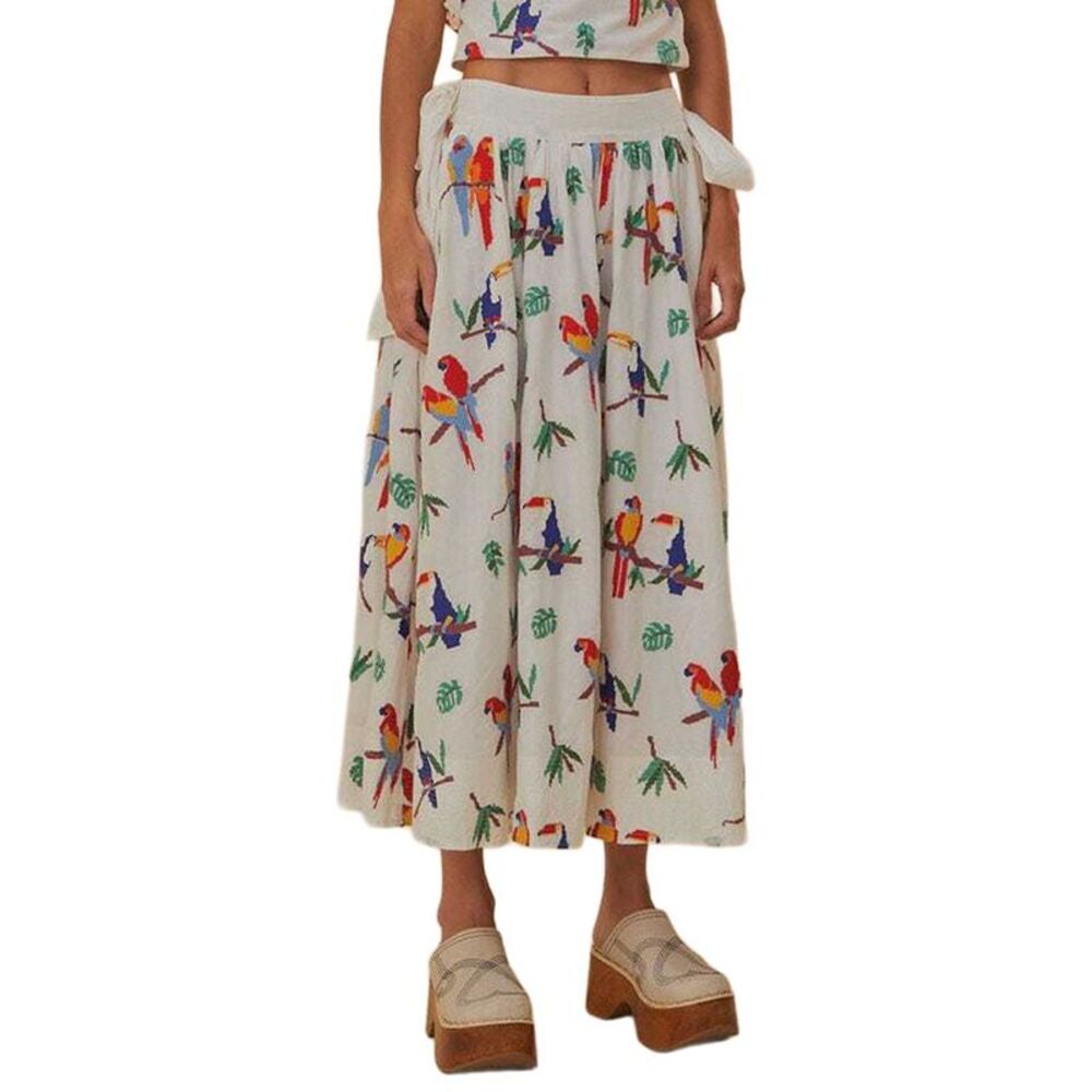 Farm Rio Womens  Off-White Stitched Birds Side Bow Midi Skirt